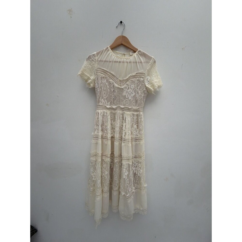 Böhme Ivory Lace Tiered Midi Dress